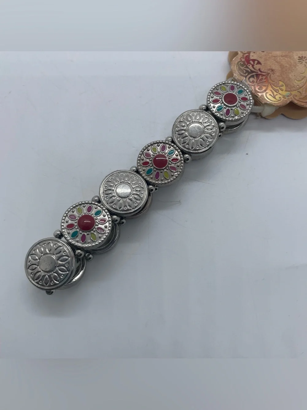 Mudd Silver-Tone Floral Disc Bracelet with Pink and Green Accents
